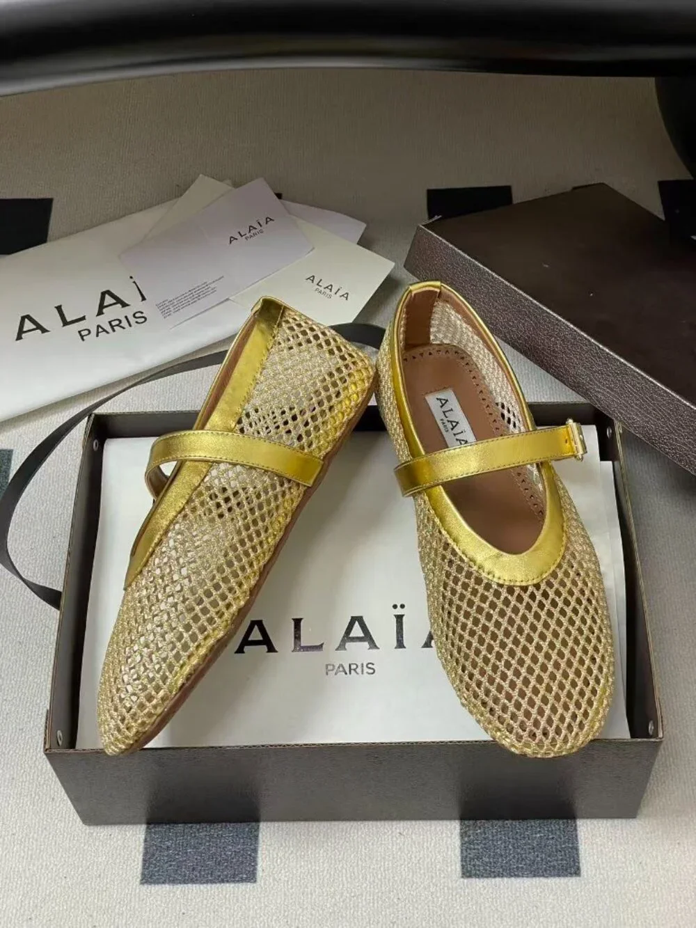 ALAIA Gold French Ballet Flats: Stunning Openwork Fishnet Shoes 🔥 - Picture 3 of 8